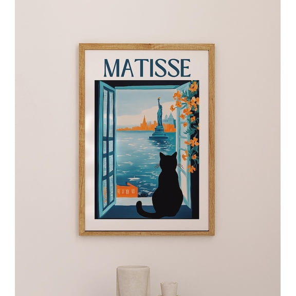 New York View Open Window Art Print, Cat Illustration, Cityscape, Unframed Paper Print Size 24x36