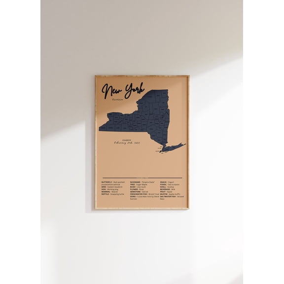 New York Vintage Map Poster: Us State Art, Unframed Poster Size 8x12
