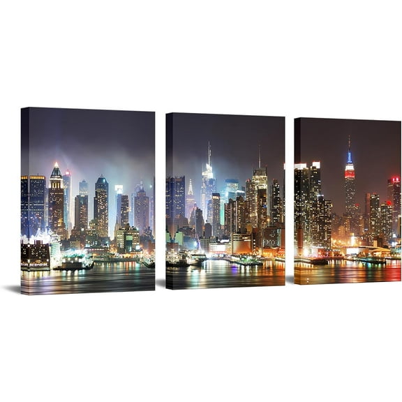 - New York Wall Art for Bedroom Manhattan Night Light Pictures Painting NYC City Skyline Poster Stretched and Framed Modern Home Bedroom Photo Wall Decor Each Piece 12x16inches
