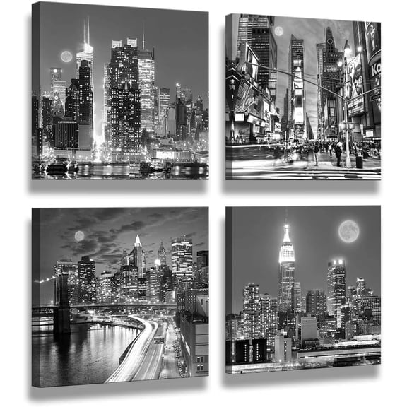 New York Wall Art Black And White Wall art Canvas Wall Art Print Black and White Brooklyn Bridge,Empire State Building New york Poster Wall Art Modern Artwork for Office Home Decor 14x 14inch x 4