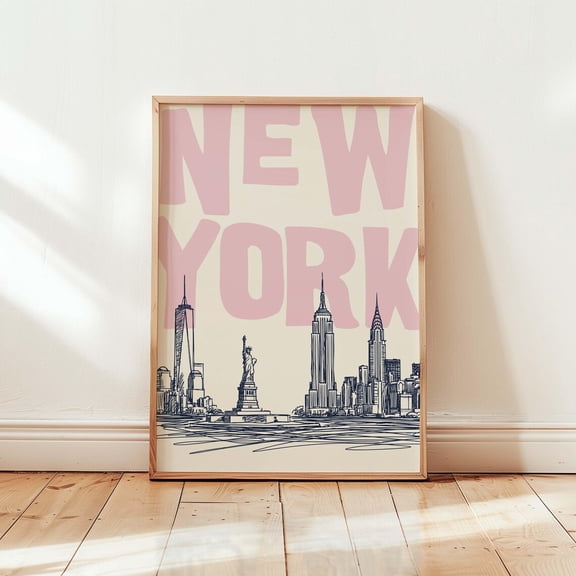 New York Wall Art NYC Skyline Line Drawing Pink Retro City Poster 2 Unframed Paper Print