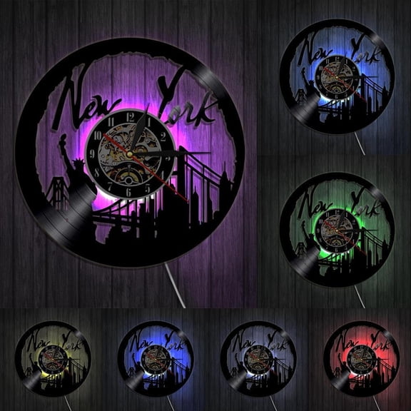 New York Wall Clock NY Brooklyn Bridge Wall Art Vintage Vinyl Record Wall Clock USA Cityscape Travel Gift Decorative Vinyl Clock