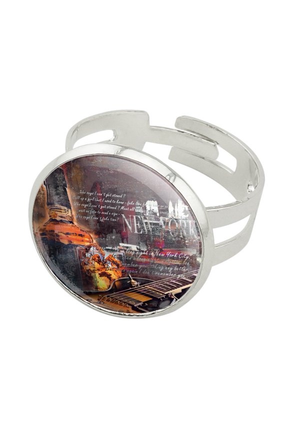 New York Whiskey Guitar Silver Plated Adjustable Novelty Ring