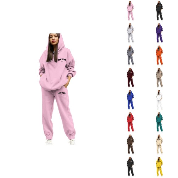 New York Womens Sweat Suits 2 Piece Set 2026 Fall Winter Fashion Hoodie and Jogger Sweatpants Matching Set Streetwear