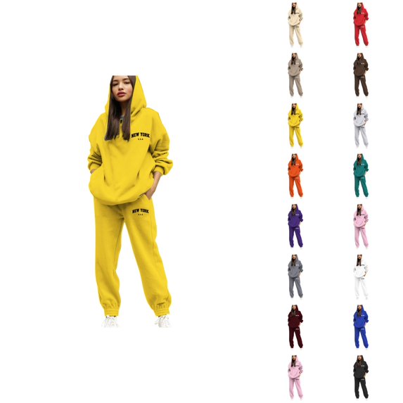 New York Womens Sweatsuits 2 Piece Set 2026 Fall Winter Trendy Hoodie and Jogger Sweatpants Matching Set Streetwear