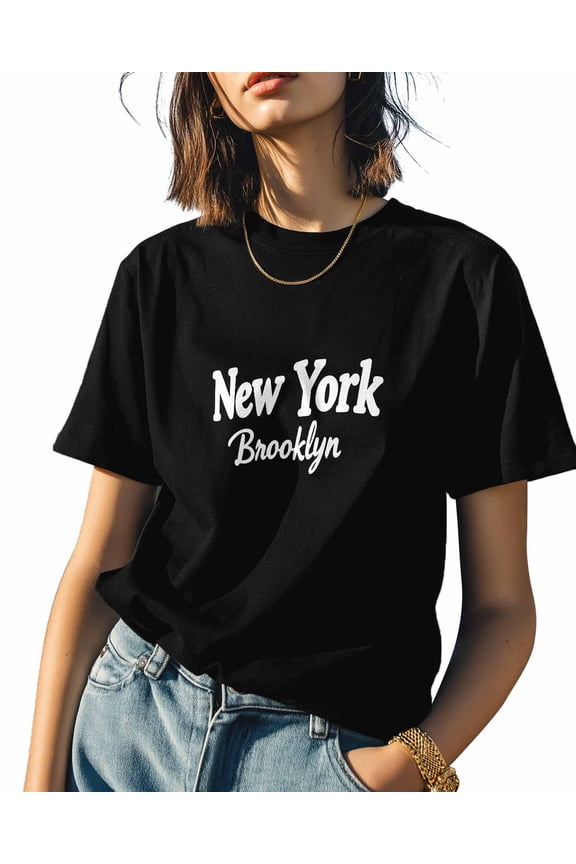 New York Womens Tshirt Graphic Tees Cotton Crew Neck T-Shirts, Casual Short Sleeve Shirts for Women Teen Girl Bnooklyn Letters