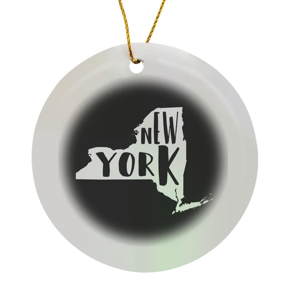 3drose, New York Written Inside the State. Black Background., Circle Porcelain Ornament