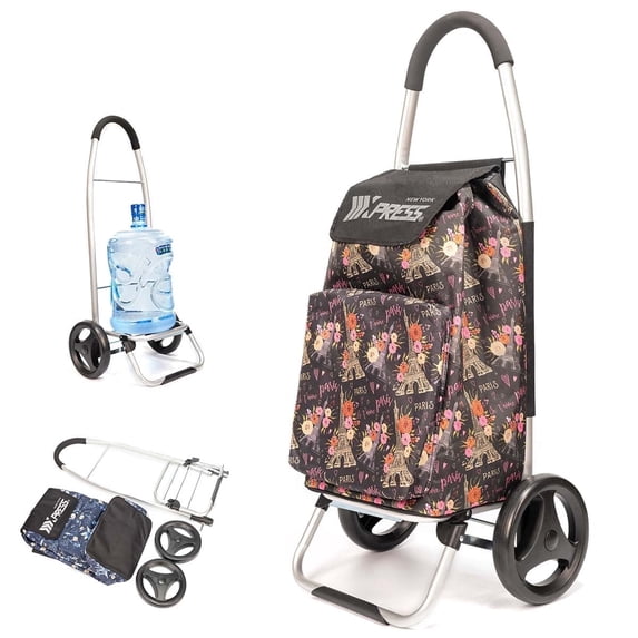 New York Xpress Folding Shopping Cart for Groceries, Collapsible Grocery Cart on Wheels with Removable Insulated Bag, Paris Floral, Sb010