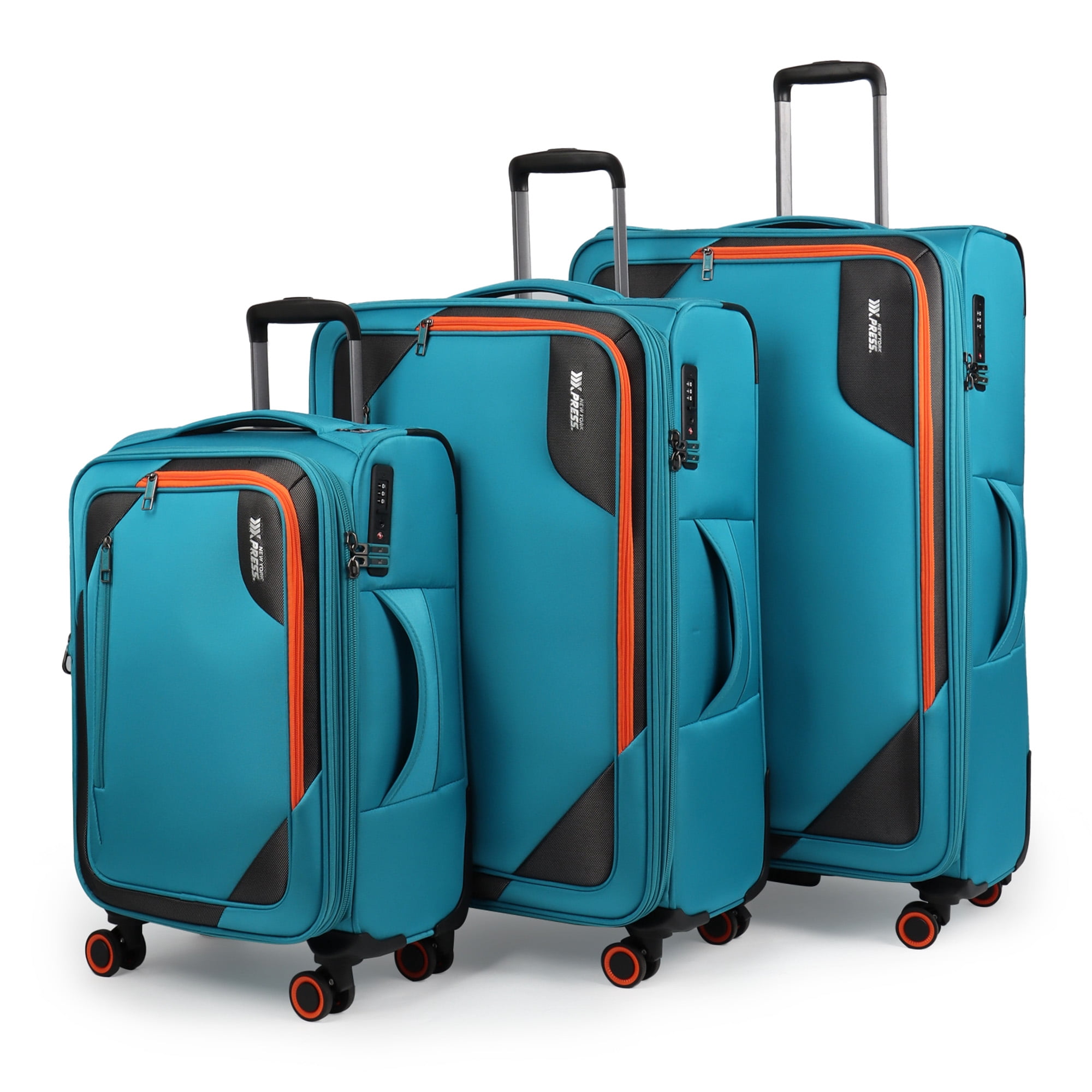 New York Xpress 3-Piece Softside Luggage Set, Expandable Spinner Suitcase with TSA Lock, Front Opening, 22/28/32 for Adult, Sky Blue , WD8818
