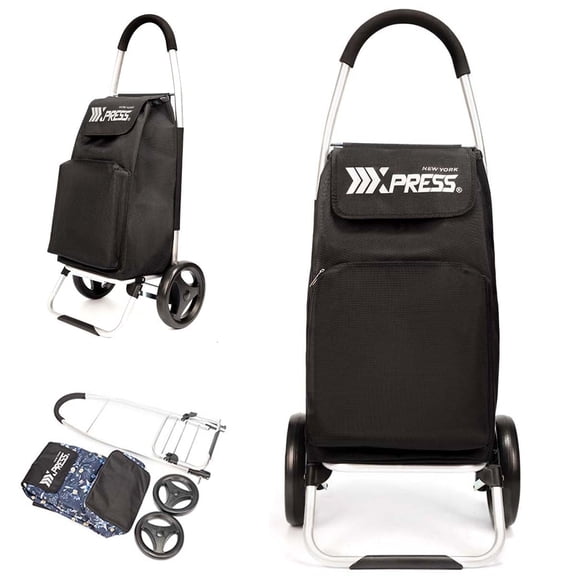 New York Xpress Folding Shopping Cart for Groceries, Collapsible Grocery Cart on Wheels with Removable Insulated Bag, Black, Sb010