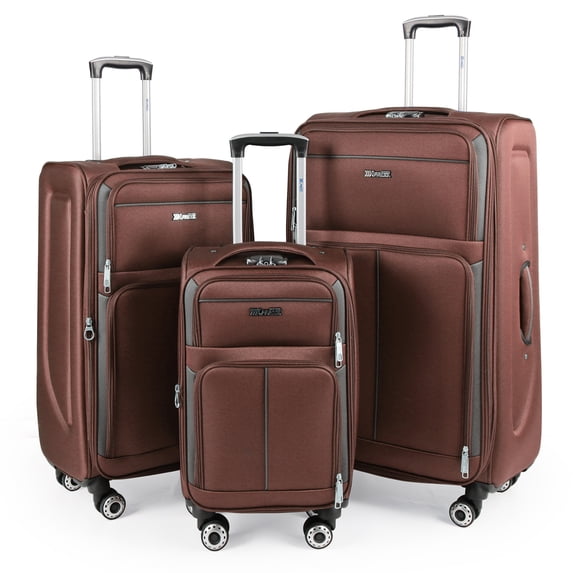 New York Xpress Luggage Set 3-Piece Softside Expandable Spinner Wheels Lightweight Suitcase 20/26/30 inch, Coffee, WD2602