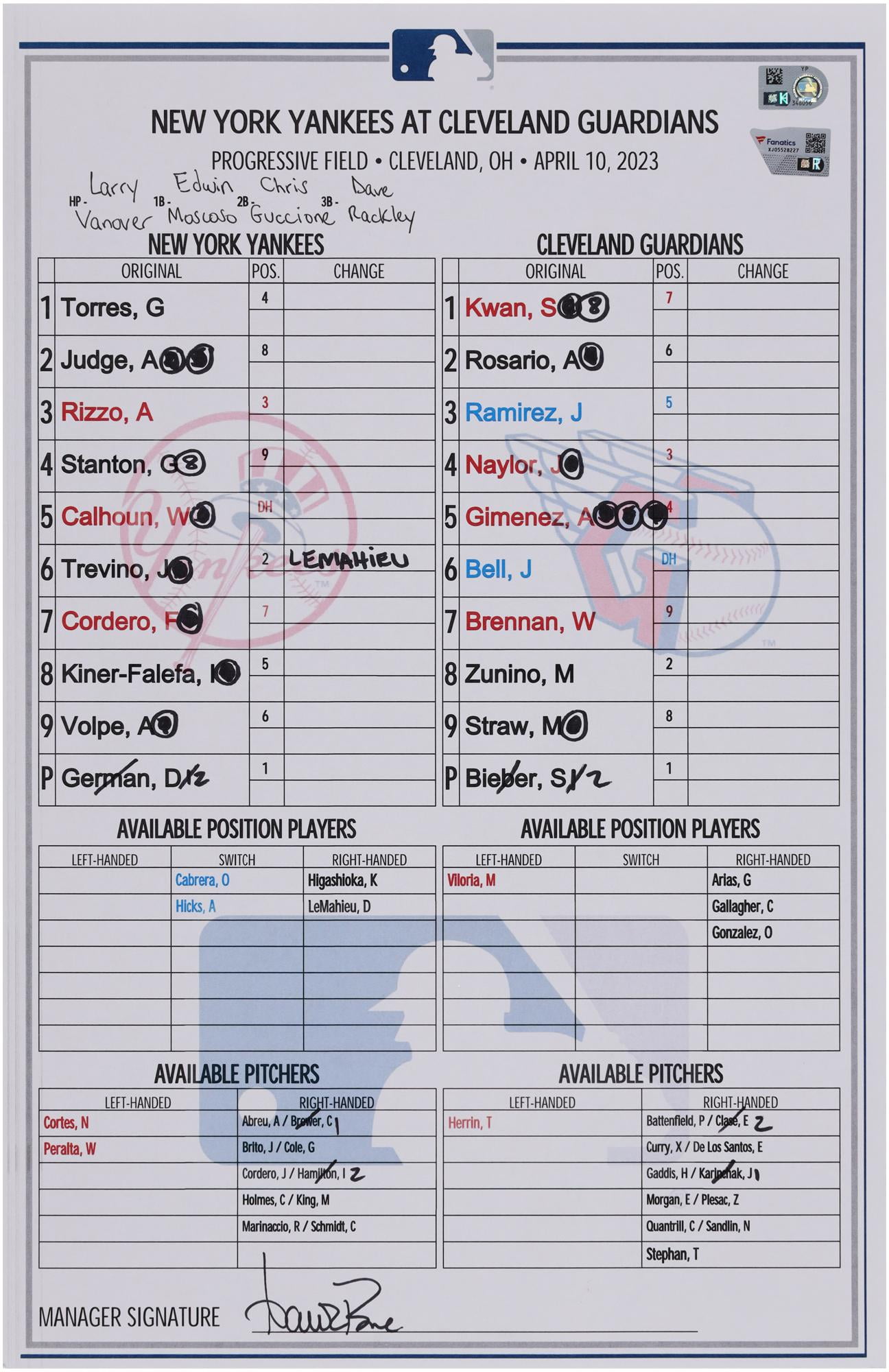 New York Yankees GameUsed Lineup Card vs. Cleveland Guardians on April