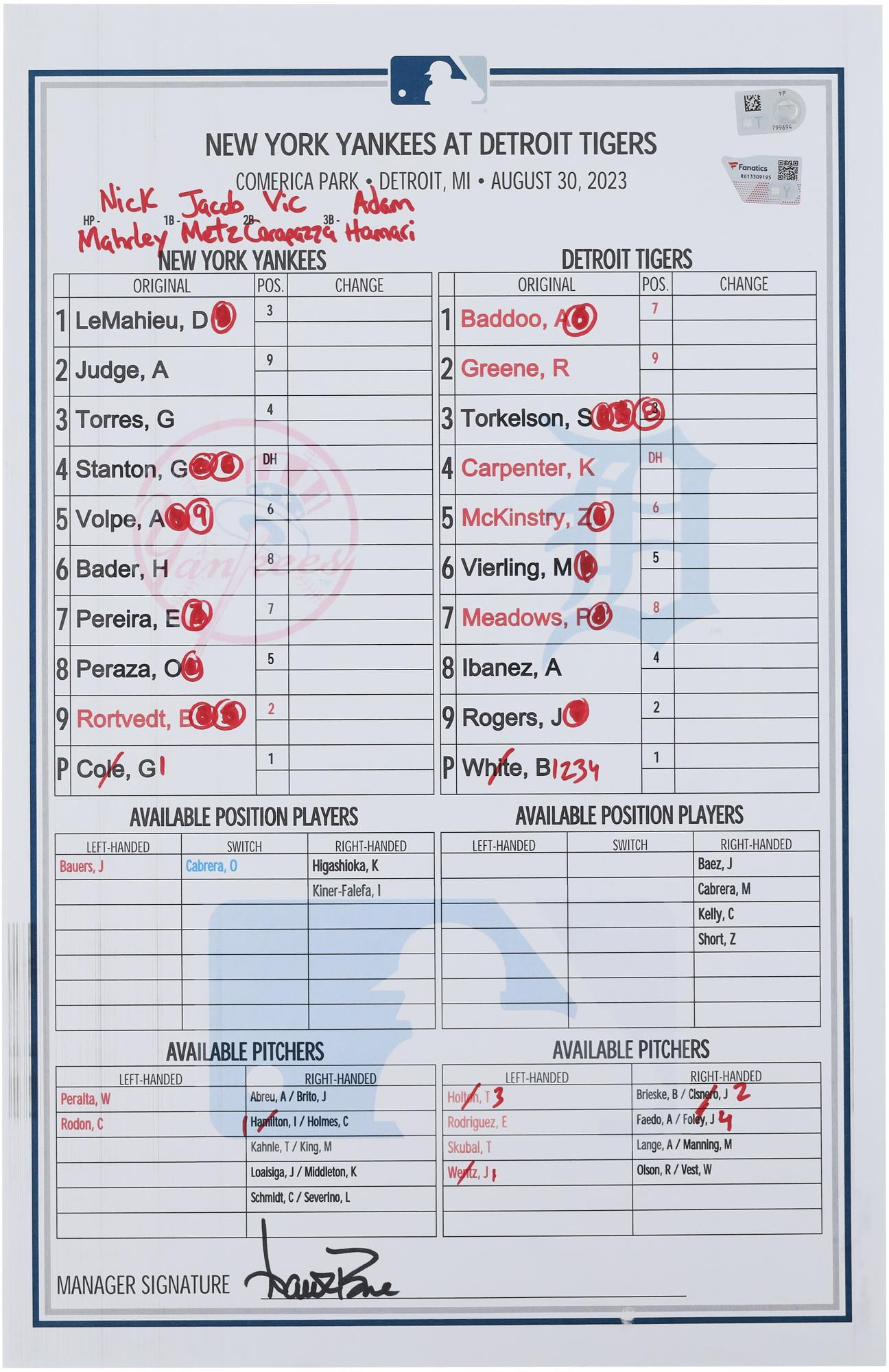 New York Yankees GameUsed Lineup Card vs. Detroit Tigers on August 30