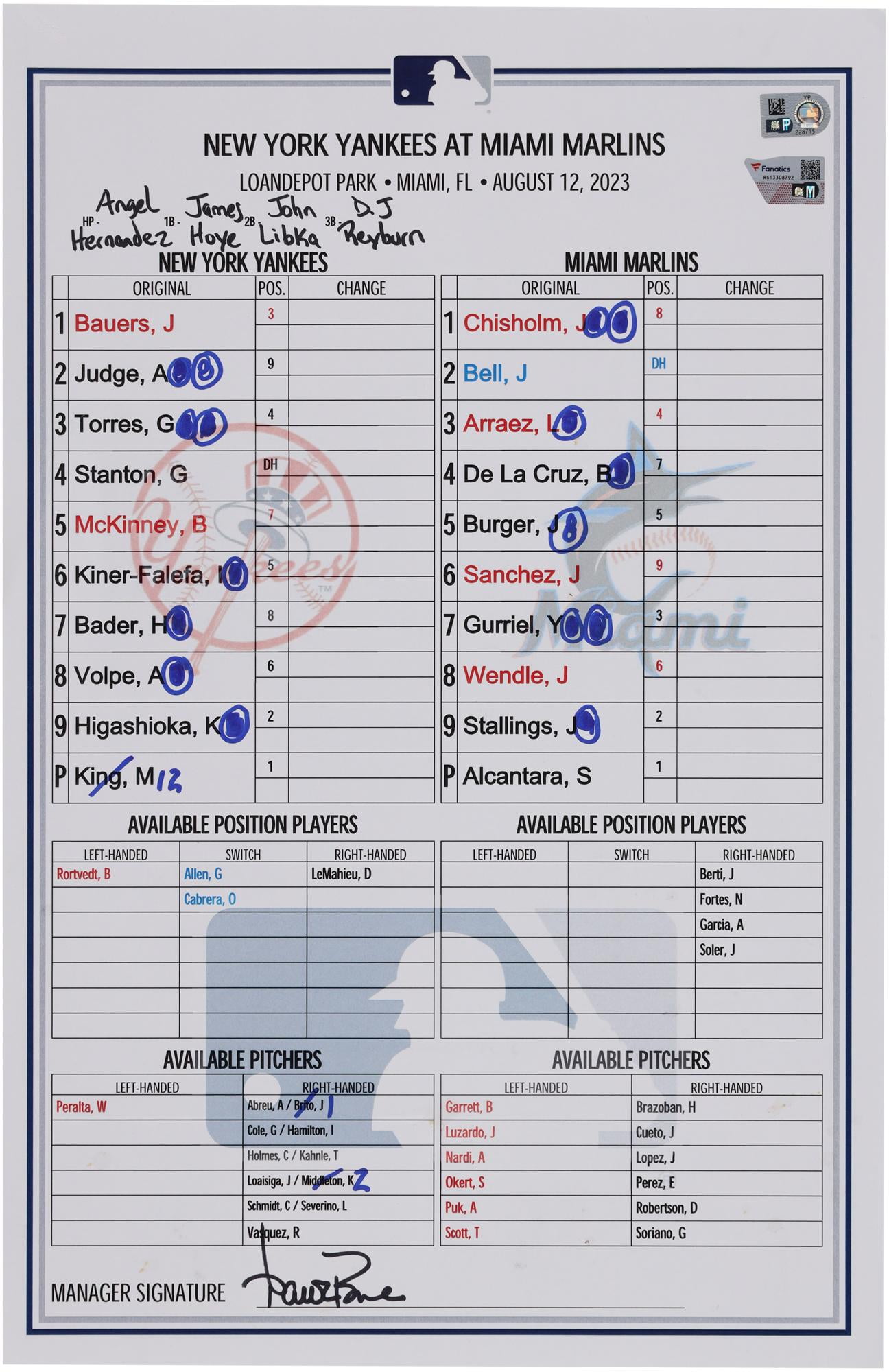 New York Yankees GameUsed Lineup Card vs. Miami Marlins on August 12