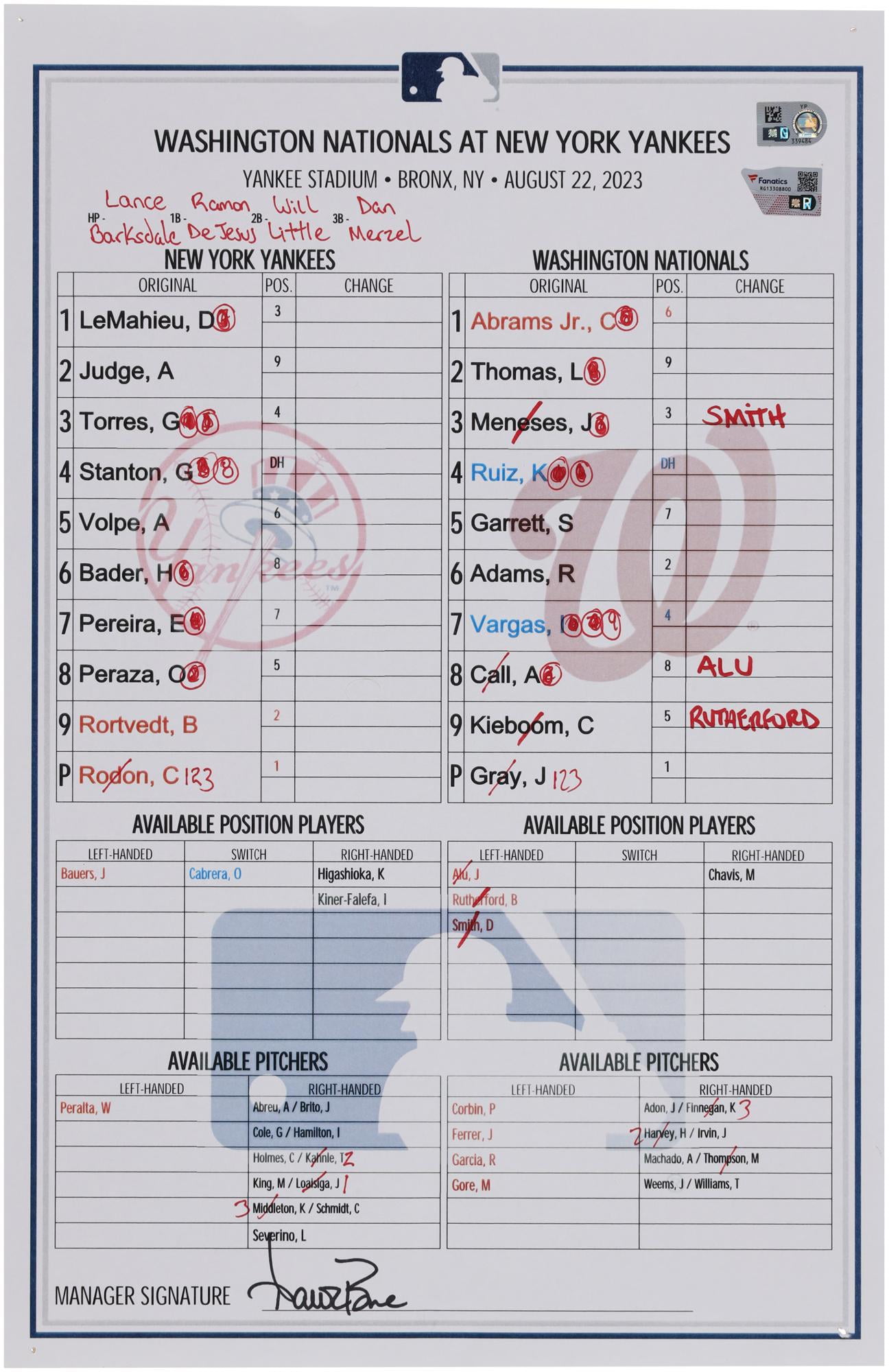New York Yankees GameUsed Lineup Card vs. Washington Nationals on