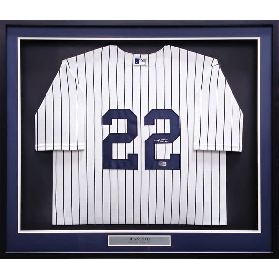 New York Yankees Juan Soto Autographed Framed White Pinstripes Nike Jersey Beckett BAS QR 230201
