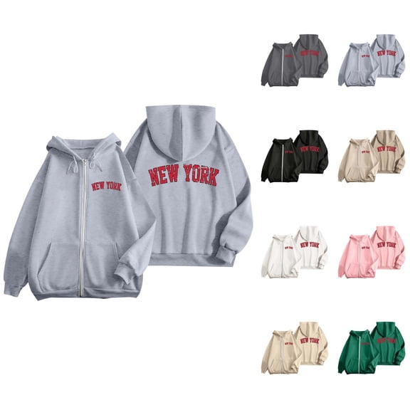 New York Zip Up Hoodie for Women 2025 Long Sleeve Casual Graphic Hooded Sweatshirt with Pockets Jacket Coat