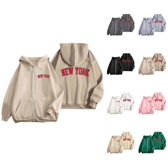 New York Zip Up Hoodie for Women 2025 Long Sleeve Casual Graphic Hooded Sweatshirt with Pockets Jacket Coat