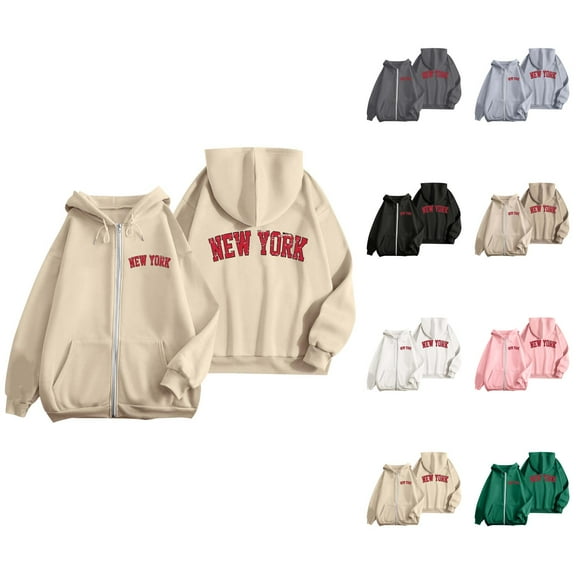 New York Zip Up Hoodie for Women 2025 Long Sleeve Casual Graphic Hooded Sweatshirt with Pockets Jacket Coat