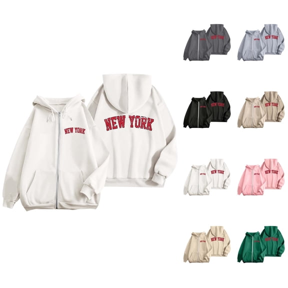 New York Zip Up Hoodie for Women 2025 Long Sleeve Casual Graphic Hooded Sweatshirt with Pockets Jacket Coat