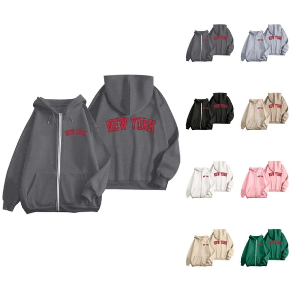 New York Zip Up Hoodie for Women 2025 Long Sleeve Casual Graphic Hooded Sweatshirt with Pockets Jacket Coat
