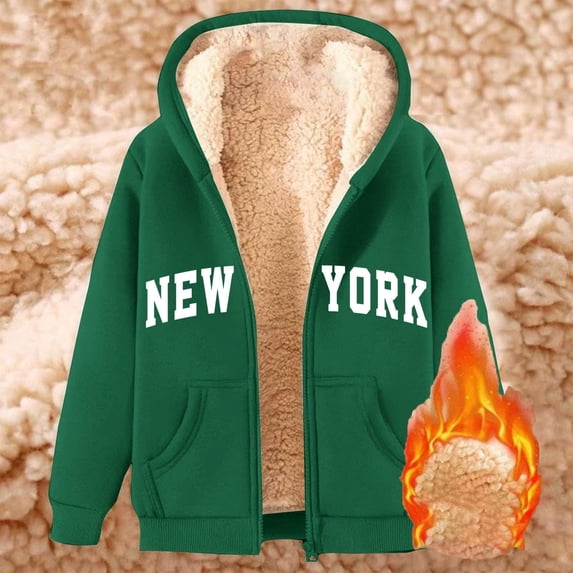 New York Zip Up Hoodies for Women 2026 Fall Winter Fleece Lined Sweatshirt with Pockets Streetwear Hooded Jackets
