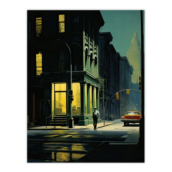 New York at Dawn Edward Hopper Style Oil Painting Yellow Green Blue Man Walking in Empty City Street Extra Large XL Wall Art Poster Print