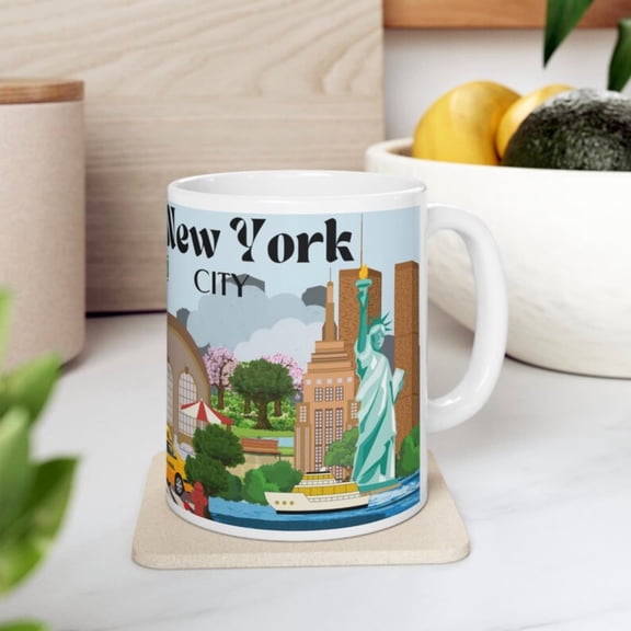 New York coffee mug, NYC inspired mug, Illustrated New York Mug, New York skyline, Popular Landmarks, New York uvenir gift, I love NYC mug.