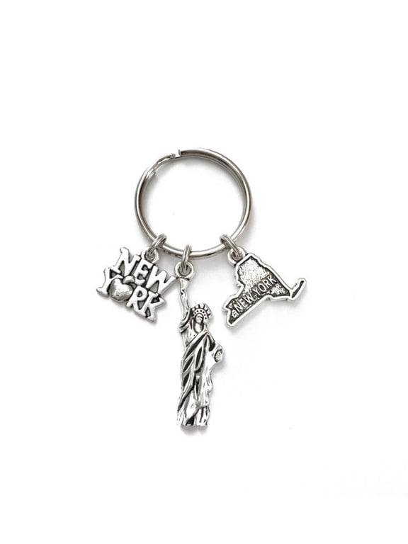 New York themed keychain. Includes Includes New York State, New York Sign with Apple, and Statue of Liberty.