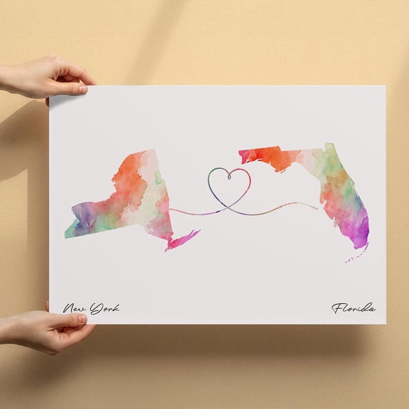 New York to Florida Map Canvas Wall Art 8x12 inch – New York to Florida Map Artistic Wall Decor – Modern Watercolor Canvas Print