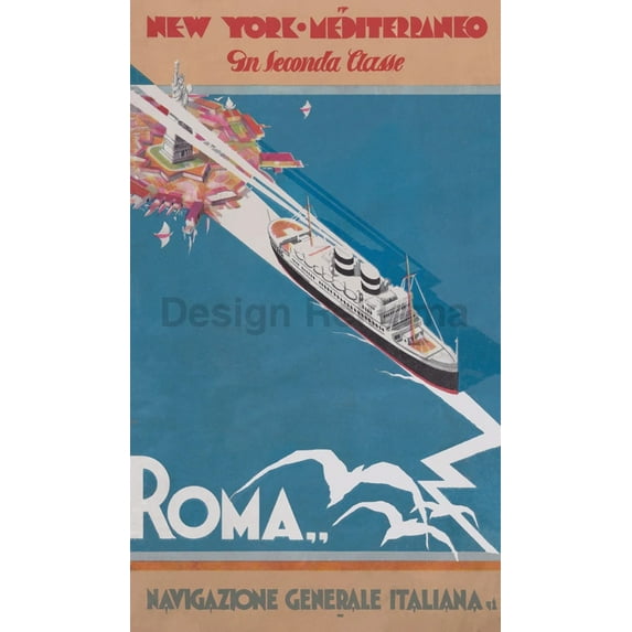 New York to the Mediterranean in Second Class by the Nagazione Generale Italiana, 1932. Framed Vintage Travel Poster