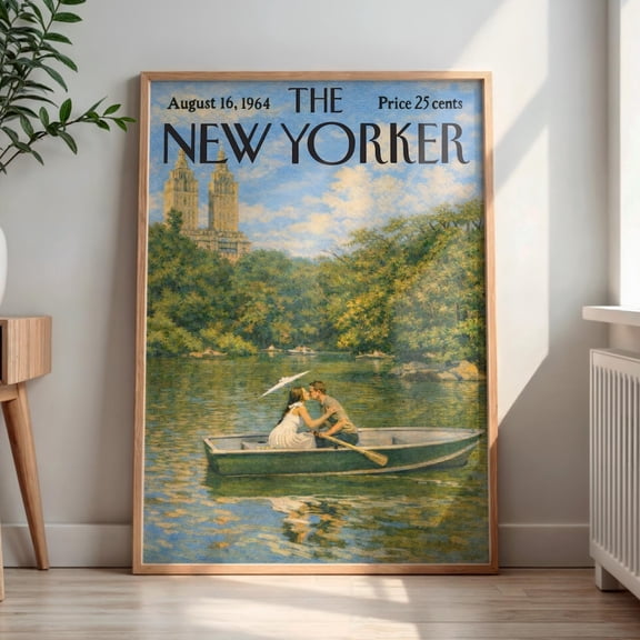 New Yorker 1964 Central Park Rowing Couple Romantic Vintage Magazine Cover Wall NYC Love New York City Home Decor, Stretched Canvas