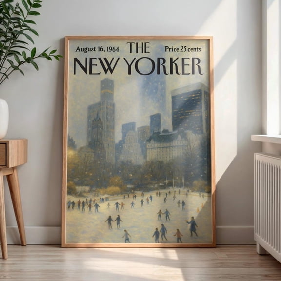 New Yorker 1964 Ice Skating Scene Vintage Winter City Wall Retro Magazine Cover Decor Classic New York Illustration, Unframed Poster