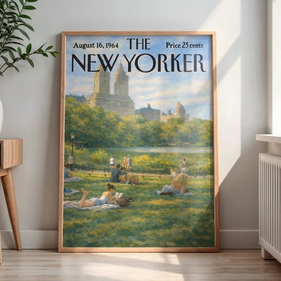 New Yorker August 1964 Central Park Summer Vintage Magazine Cover Wall NYC Retro New York City Home Decor, Stretched Canvas