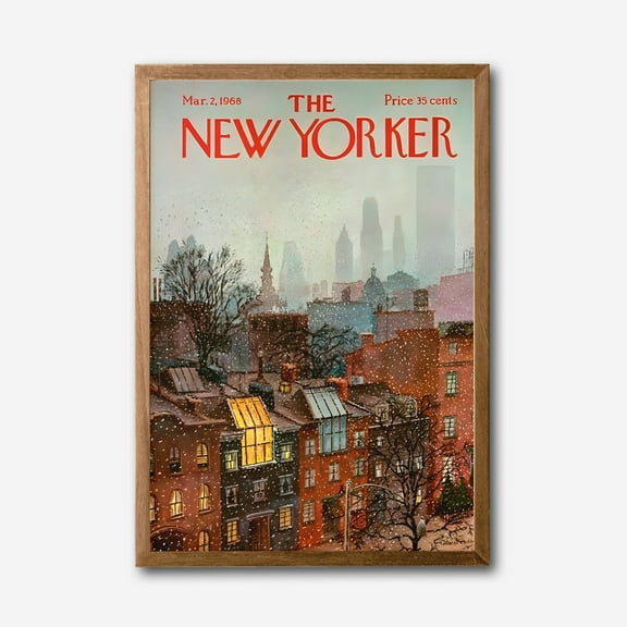New Yorker Cover Canvas Wall Art, Vintage Cityscape, Winter Snow Urban Decor, Framed Home Accent