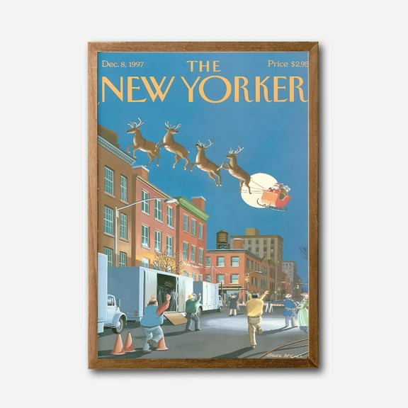 The New Yorker December 1997 Cover Canvas Wall Art, Vintage Christmas Santa Sleigh and Reindeer Print, Holiday Decor for Living Room, Classic Magazine Cover Art, Ready to Hang
