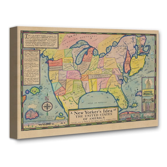 A New Yorkers Idea America 1935 Vintage Cartoon USA Map Wall Art Funny New York City View Geography Illustration Retro Americana Decor Office Den Lounge Man Cave 16x20 Stretched Canvas Ready to Hang