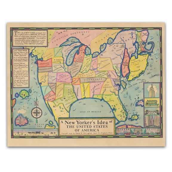 A New Yorkers Idea of America 1935 Vintage Funny USA Map Wall Art Cartoon Geography Illustration New York City Humor Print Retro Americana Decor for Office Den Library 24x36 Unframed Poster