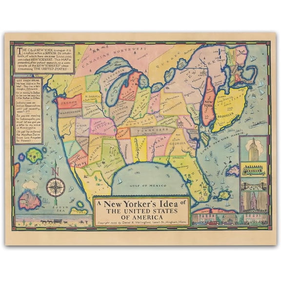 A New Yorkers Idea of America 1935 Vintage Funny USA Map Wall Art Cartoon Geography Illustration New York City Humor Print Retro Americana Decor for Office Den Library 24x36 Unframed Poster