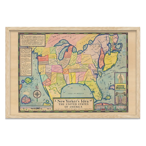 A New Yorkers Idea of America 1935 Vintage Funny USA Map Wall Art, Whimsical Cartoon Geography Illustration, New York City Humor Decor for Office Library Study 24x36 Framed Poster Ready to Hang