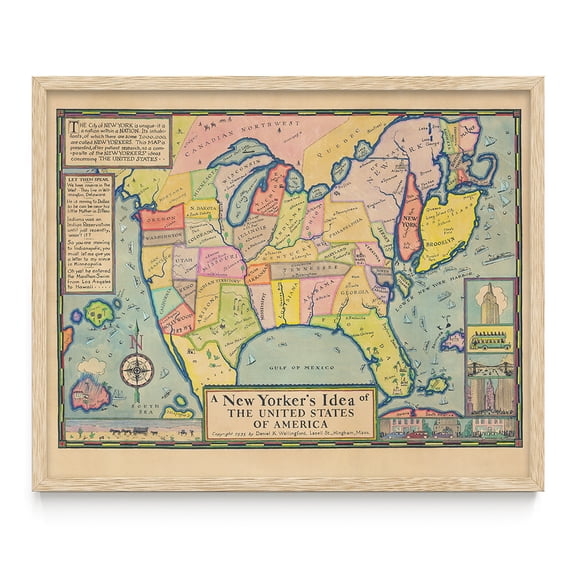 A New Yorkers Idea of America 1935  Vintage Funny USA Map Wall Art, Whimsical Cartoon Geography Illustration, New York City Humor Decor for Office Library Study  16x20 Framed Poster Ready to Hang