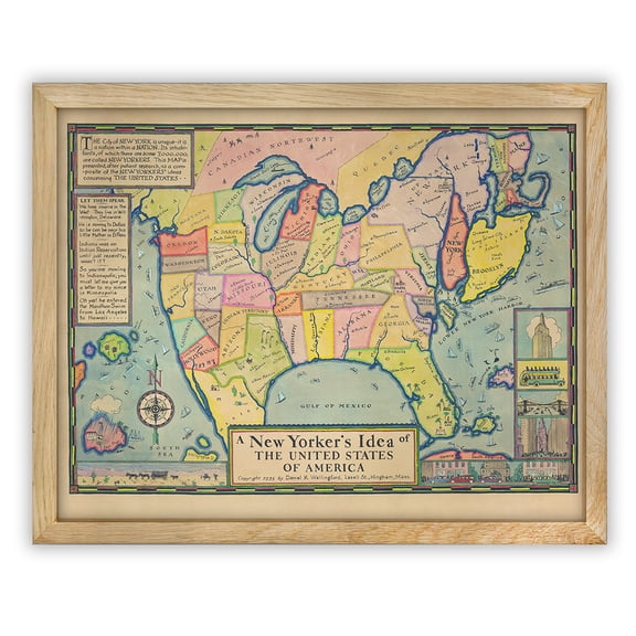 A New Yorkers Idea of America 1935  Vintage Funny USA Map Wall Art, Whimsical Cartoon Geography Illustration, New York City Humor Decor for Office Library Study  11x14 Framed Poster Ready to Hang