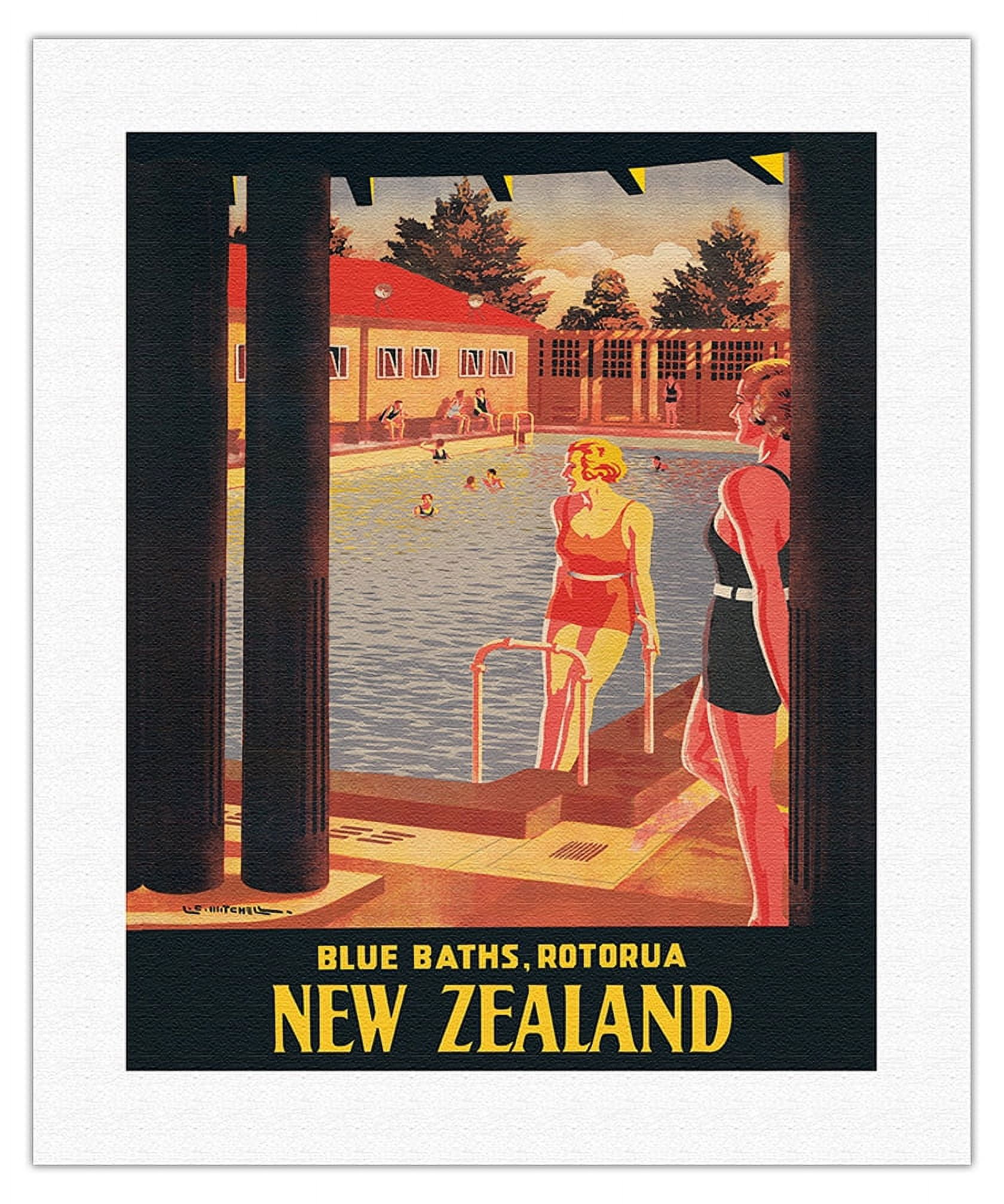 New Zealand Blue Baths Rotorua Vintage Travel Poster by Leonard C. Mitchell c.1930s Fine