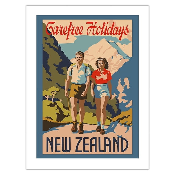 New Zealand - Carefree Holidays - Mountain Hiking - Vintage Travel Poster c.1930 - Fine Art Matte Paper Print (Unframed) 18x24in