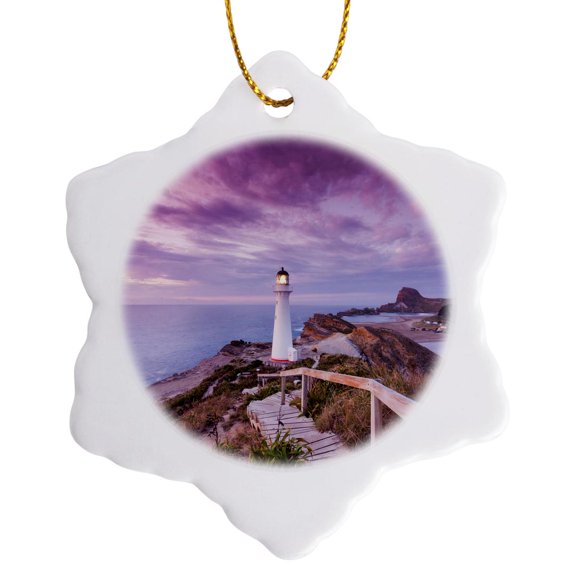 3drose, New Zealand, Castlepoint. Castlepoint Lighthouse with Purple Sunrise., 3 inch Snowflake Porcelain Ornament
