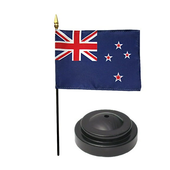 New Zealand Desk Flag with Base; American Made Rayon 4x6 inch Miniature Table Set Includes One Small Mini Country Stick Flags and One Black Stand (New Zealand Desk Flag and Base)