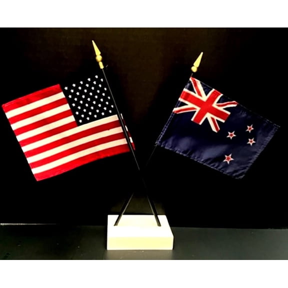 New Zealand Desk Flag Set; Contains One USA and One Country Flag with a White Crossed Base, American Made
