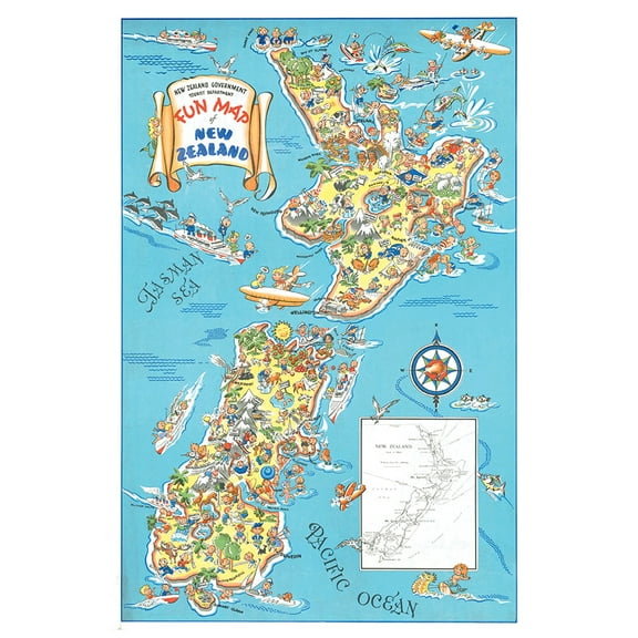 New Zealand - FunMap - Vintage Travel Poster (8x12Inches(US/CANonly))