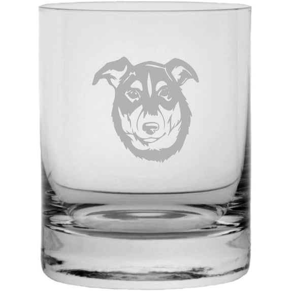 New Zealand Heading Dog Themed Etched 11oz Crystal Rocks Whisky Glass
