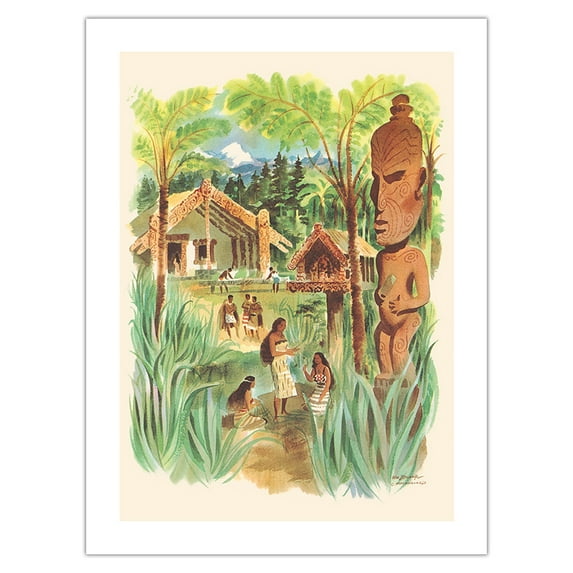 New Zealand - Māori Village - Vintage Ocean Liner Travel Poster by Louis Macouillard c.1960s - Fine Art Matte Paper Print (Unframed) 24x32in